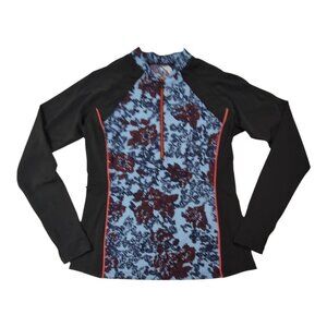 Floral Rash Guard Swim Top Colorblock Long-Sleeve Zip Black & Blue Womens M
